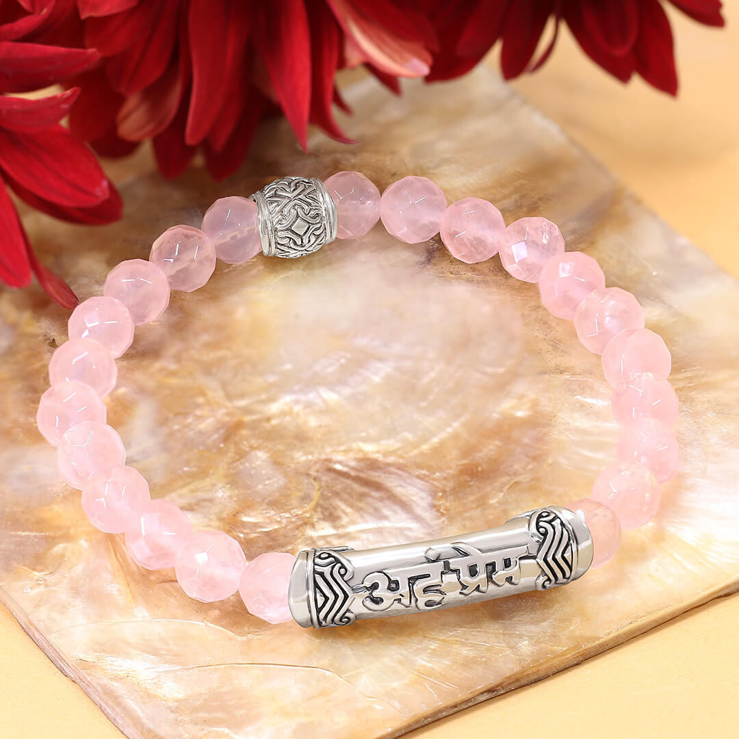 I AM DIVINE LOVE Sanskrit Rose Quartz Bracelet (silver brass) 3