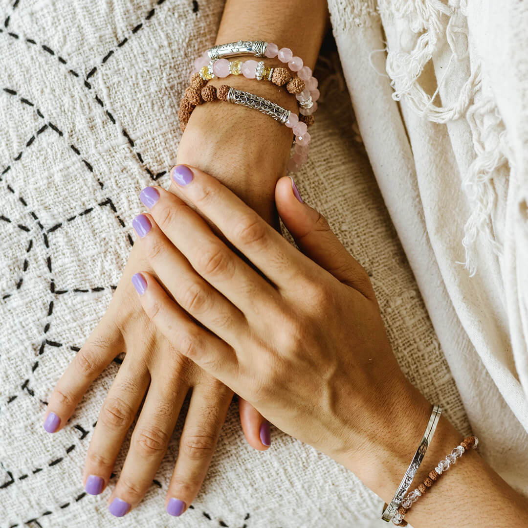 I AM DIVINE LOVE Sanskrit Rose Quartz Bracelet (silver brass) 5